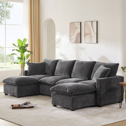 Modern U-Shape Modular Sofa, 6 Seat Chenille Sectional Couch Set With 2 Pillows Included, Freely Combinable Indoor Funiture - Black / Gray