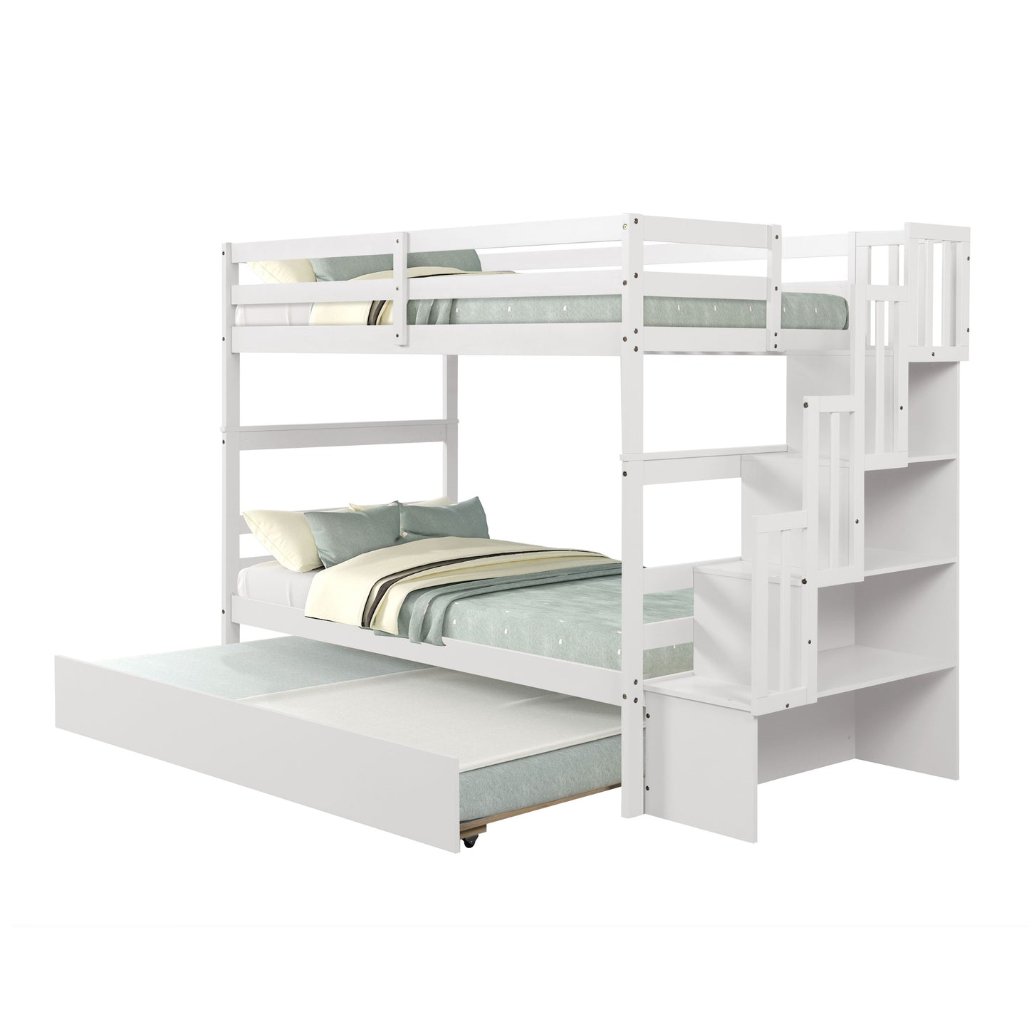 Twin Over Twin Bunk Beds With Twin Trundle And Stairway Storage Function - White