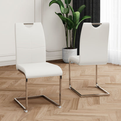 Modern Dining Chairs With Faux Leather Padded Seat And Chrome Metal Legs For Kitchen, Living, Bedroom, Dining Room - White / Silver