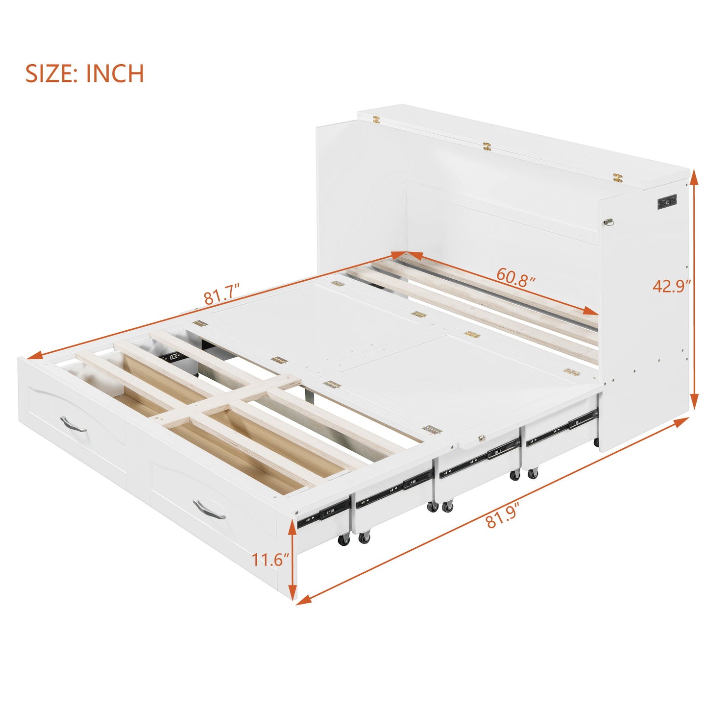 Queen Size Murphy Wall Bed With Drawer And A Set Of Sockets & USB Ports, Pulley Structure Design - White