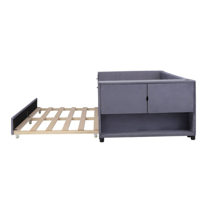Twin Upholstered Bed With Storage And Twin Trundle, USB Charging Ports - Gray