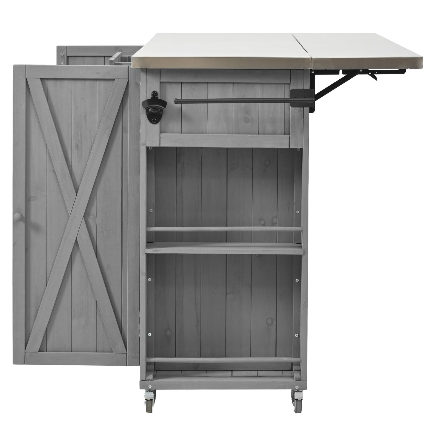 Outdoor Kitchen Island Fir Wood Kitchen Island With Stainless Steel Top, Ample Storage Space, Towel And Spice Racks And A Bottle Opener For Outdoor - Gray