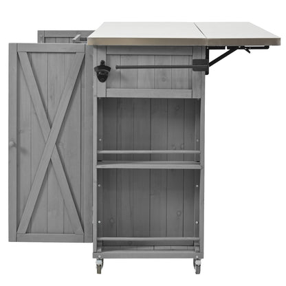 Outdoor Kitchen Island Fir Wood Kitchen Island With Stainless Steel Top, Ample Storage Space, Towel And Spice Racks And A Bottle Opener For Outdoor - Gray