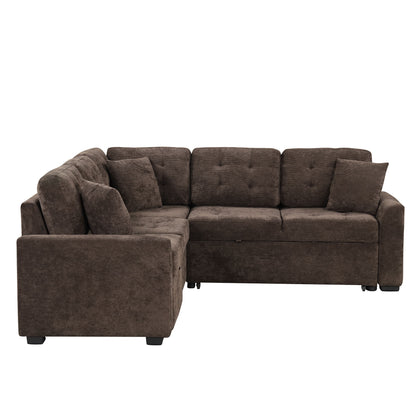 L-Shape Sofa Bed Pull-Out Sleeper Sofa With Wheels, USB Ports, Power Sockets For Living Room - Brown