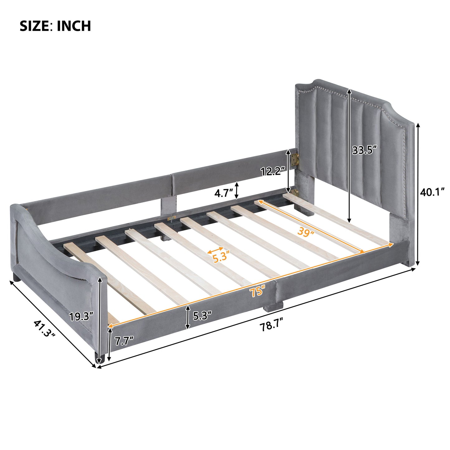 Twin Size Upholstered Daybed With Classic Stripe Shaped Headboard - Gray