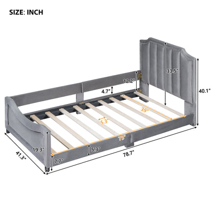 Twin Size Upholstered Daybed With Classic Stripe Shaped Headboard - Gray