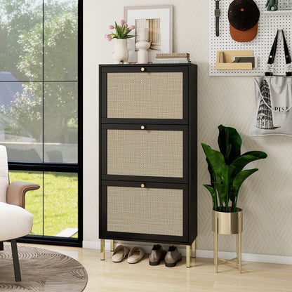 Modern Rattan 3 Door Shoe Rack Cabinet For Entryway Freestanding Black Storage Unit In Particle Board - Black