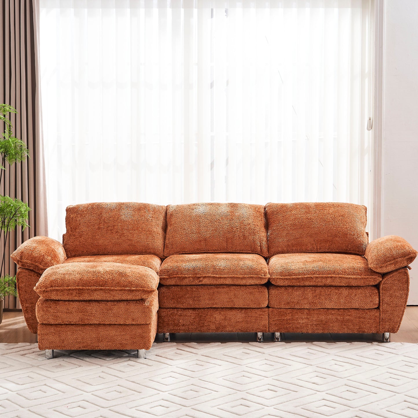 Modern Deep 3 Seat Sofa Couch With Ottoman, Polyester Sofa Sleeper Comfy Upholstered Furniture For Living Room - Orange