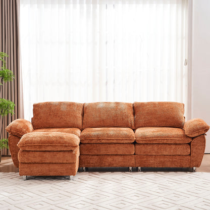 Modern Deep 3 Seat Sofa Couch With Ottoman, Polyester Sofa Sleeper Comfy Upholstered Furniture For Living Room - Orange
