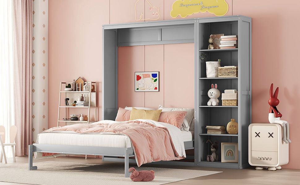 Full Size Murphy Wall Bed With Shelves - Gray