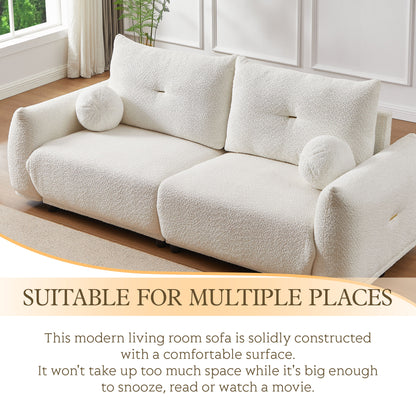 Lamb's Wool 2 Seater Cushion Sofa Comfortable Sofa For Living Room Bedroom And Other Casual Spaces Lamb's Wool Sofa With 2 Cushions And 2 Ball Pillows - White