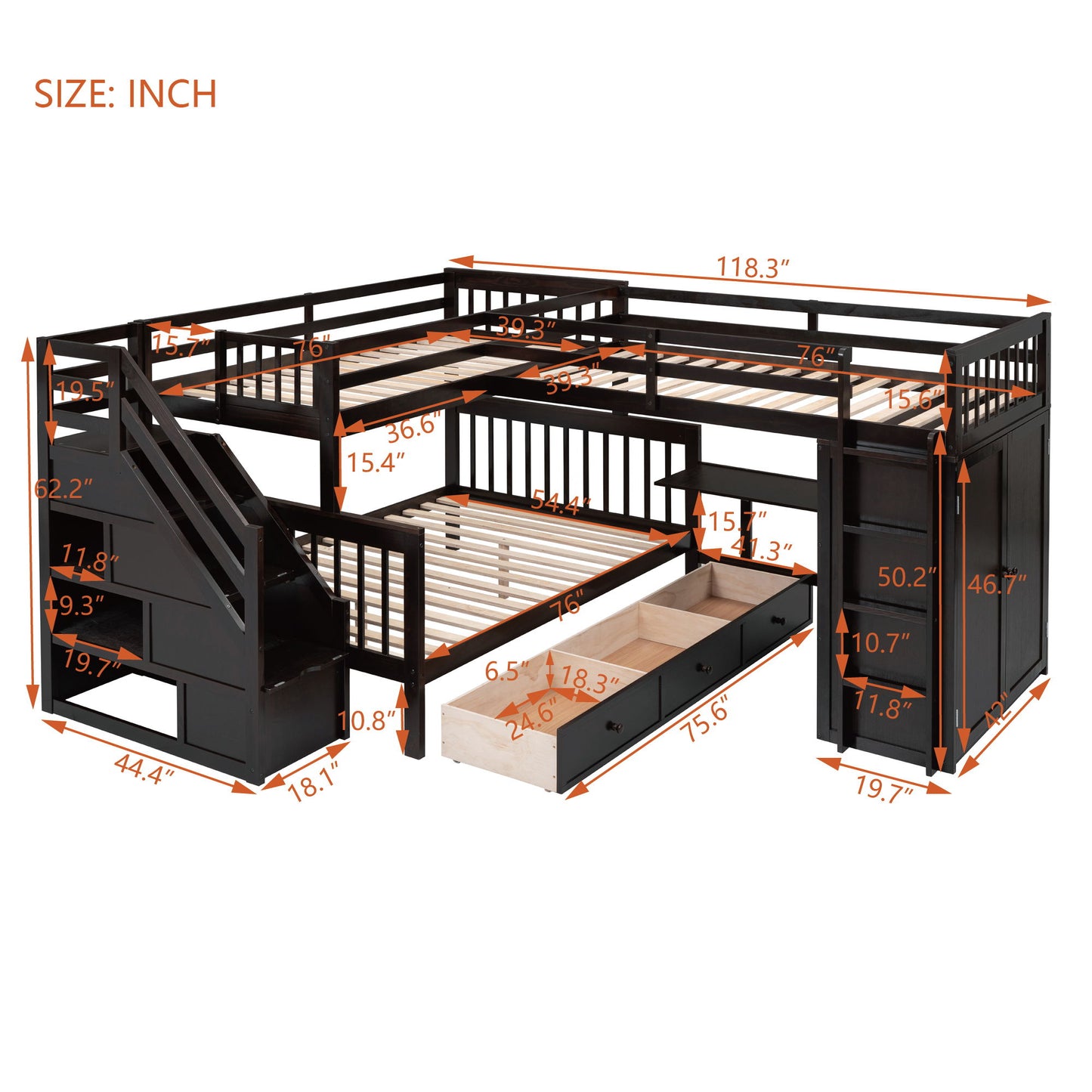 Twin Twin Over Full L Shaped Bunk Bed With 3 Drawers, Portable Desk And Wardrobe - Espresso