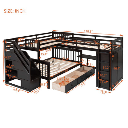 Twin Twin Over Full L Shaped Bunk Bed With 3 Drawers, Portable Desk And Wardrobe - Espresso