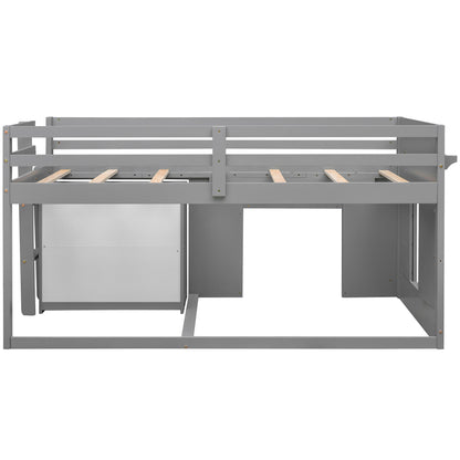 Twin Size Loft Bed With Cabinet And Shelf - Gray