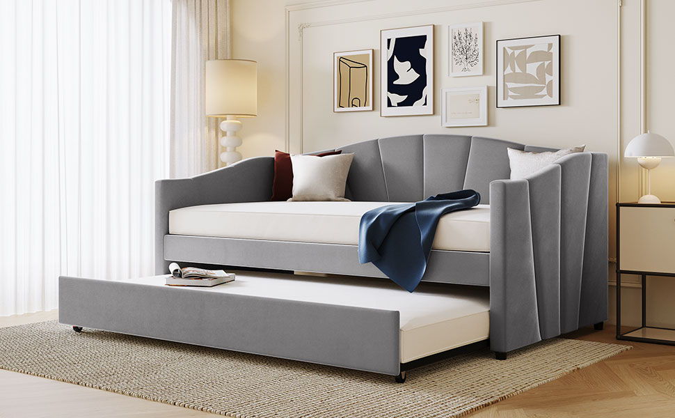 Twin Size Upholstered Daybed Sofa Bed With Trundle And Slat - Gray