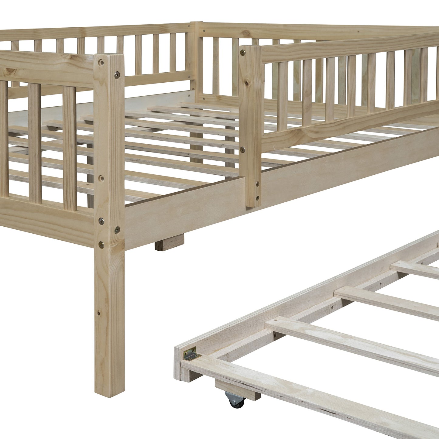 Full Size Daybed With Trundle And Fence Guardrails - Natural