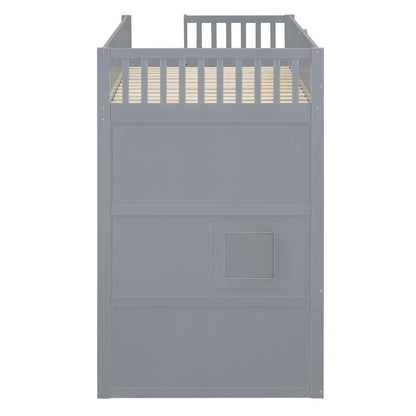 Twin Size House Loft Bed With Ladder And Wardrobe - Gray