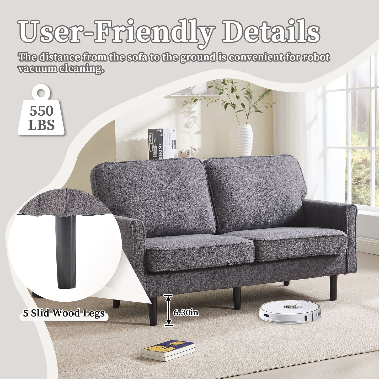 Mid Century Modern Loveseat Sofa, 2 Seater With USB & Removable Pillow Cover - Gray