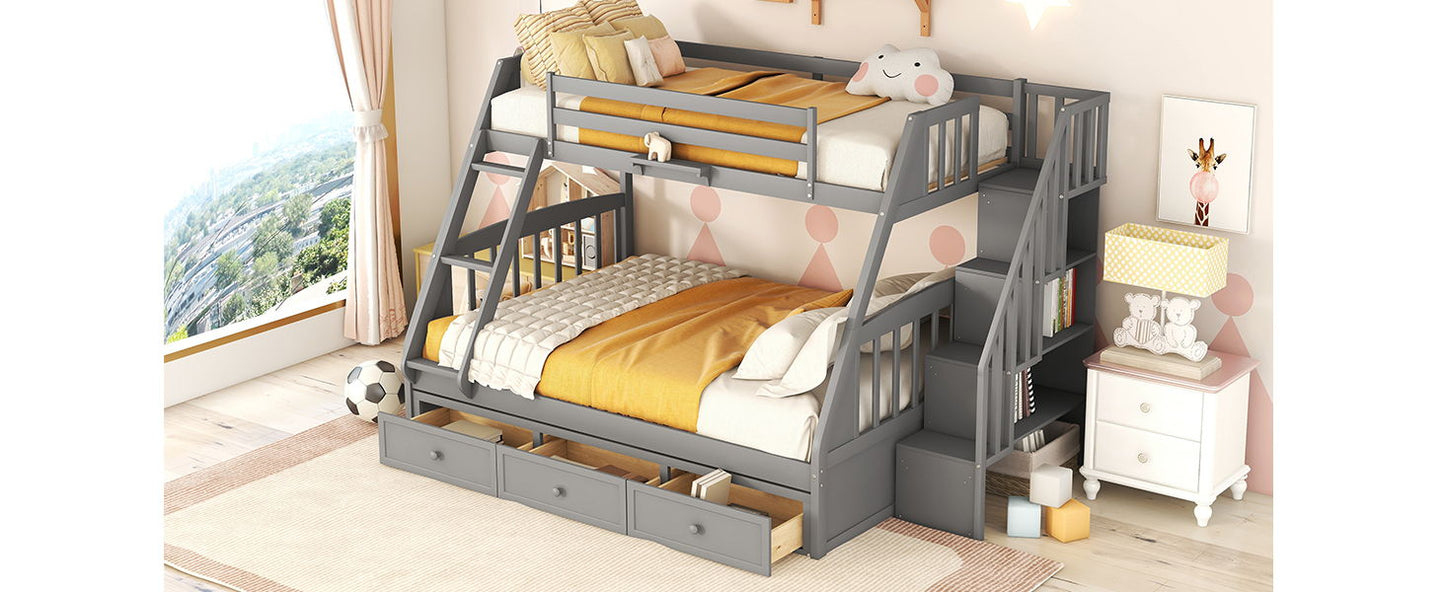 Twin Over Full Bunk Bed With Drawers, Ladder And Storage Staircase - Gray