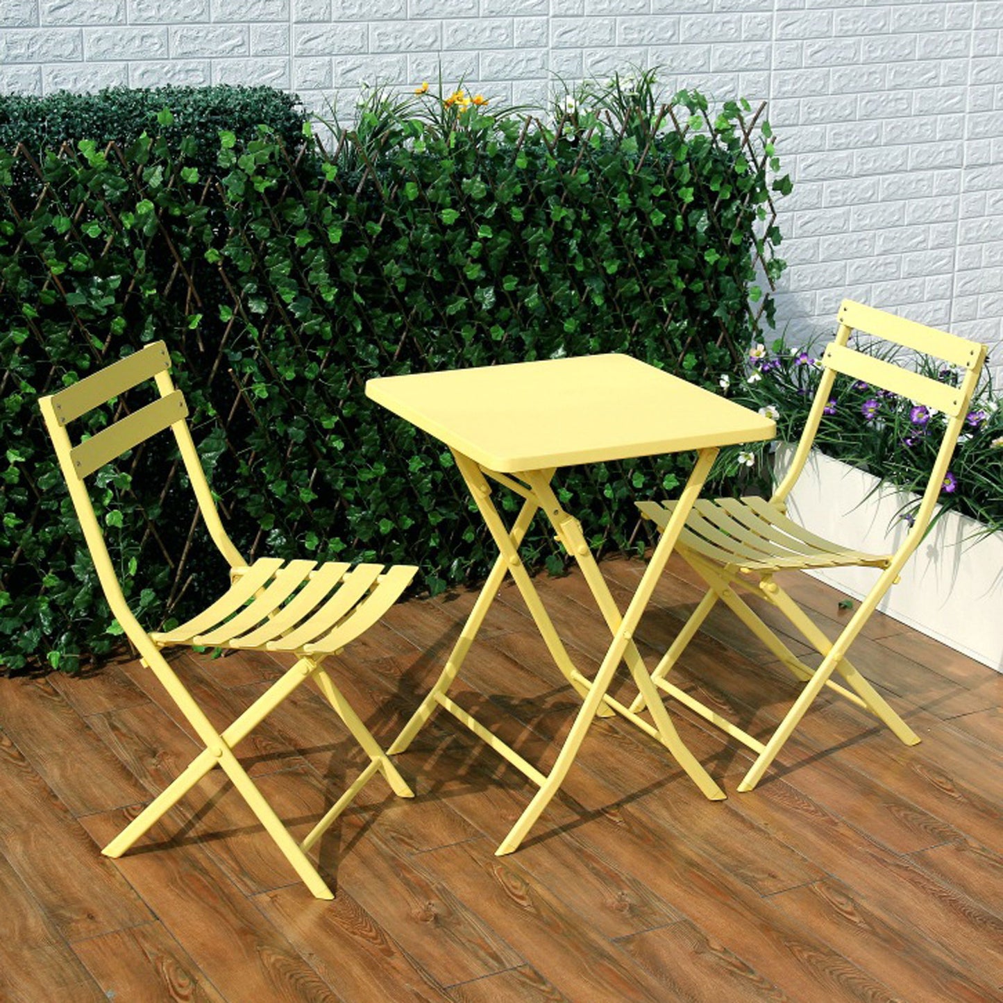 3 Piece Patio Bistro Set Of Foldable Square Table And Chairs - Yellow