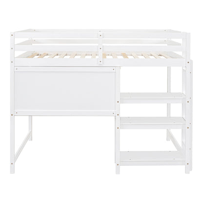 Full Size Loft Bed With Shelves, Desk And Writing Board - White