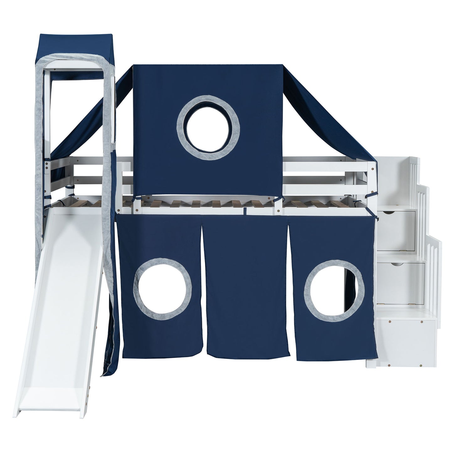 Twin Size Loft Bed With Tent And Tower - Blue