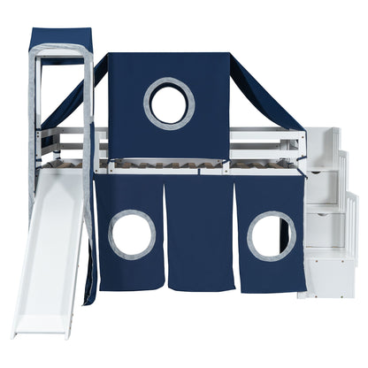 Twin Size Loft Bed With Tent And Tower - Blue