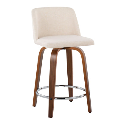 Toriano - Mid-Century Modern Fixed Height Counter Stool & Swivel With Round Footrest (Set of 2) - Walnut / Cream
