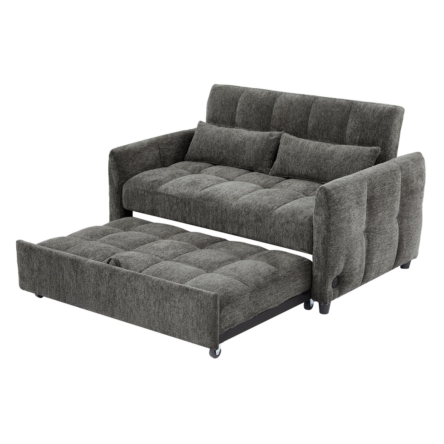 Loveseat Sofa Pull Out Sofa Bed Tufted Sleeper Sofa With An Adjustable Backrest, 3 USB Ports And 2 Lumbar Pillows For Living Room - Gray