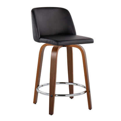 Toriano - Mid-Century Modern Fixed Height Counter Stool With Swivel And Round Footrest (Set of 2) - Walnut / Black