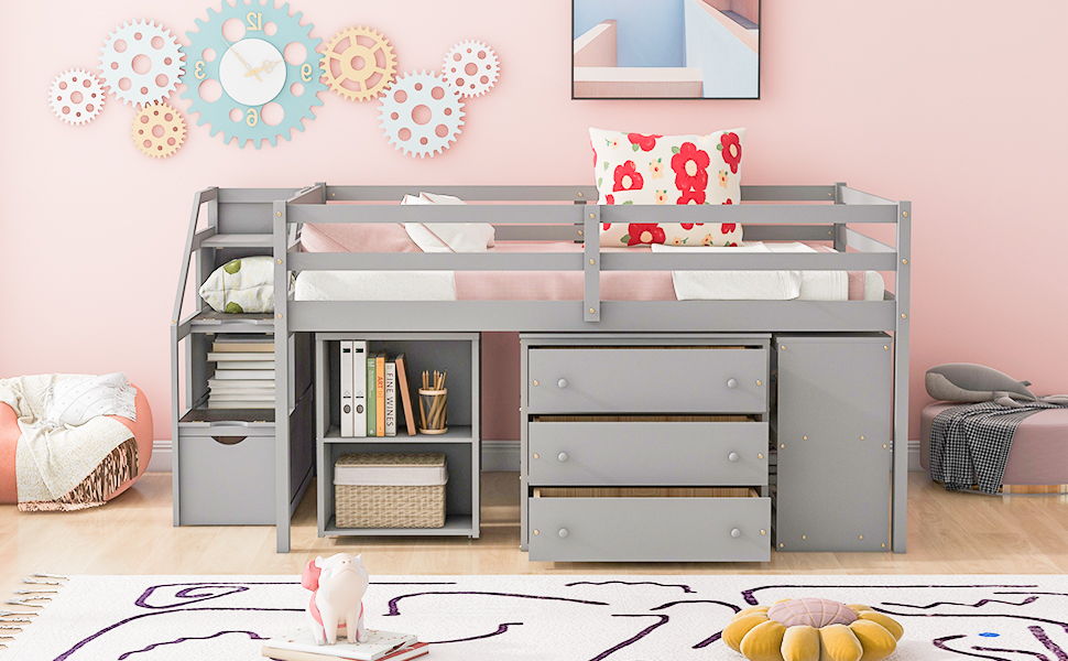 Full Size Loft Bed With Retractable Writing Desk And 3 Drawers With Storage Stairs And Shelves - Gray