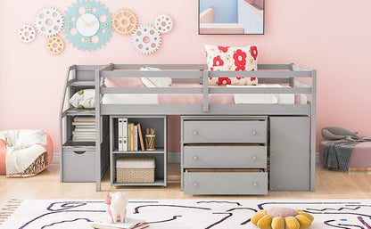 Full Size Loft Bed With Retractable Writing Desk And 3 Drawers With Storage Stairs And Shelves - Gray