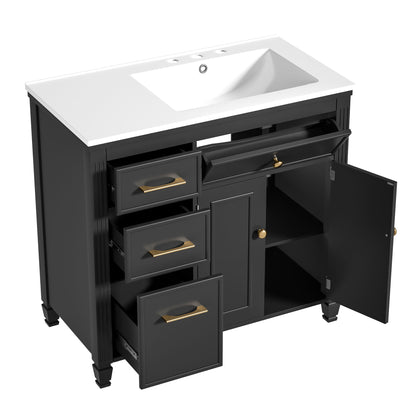 Modern Bathroom Vanity With Ceramic Sink, Freestanding, One Tip - Out Drawer, 3 Side Drawers, Adjustable Shelf - Beige