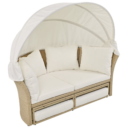 Outdoor Patio Daybed Wicker Rattan Double Daybed Round Sofa Furniture Set With Retractable Canopy, 4 Pillows For Lawn Garden Backyard Porch Pool - Beige