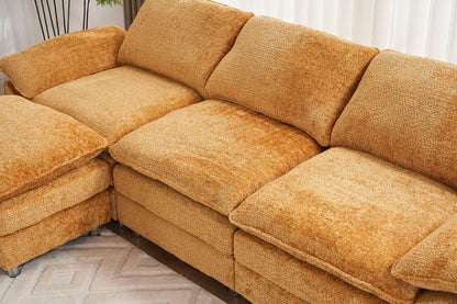 Modern Deep 3 Seat Sofa Couch With Ottoman, Polyester Sofa Sleeper Comfy Upholstered Furniture For Living Room - Yellow