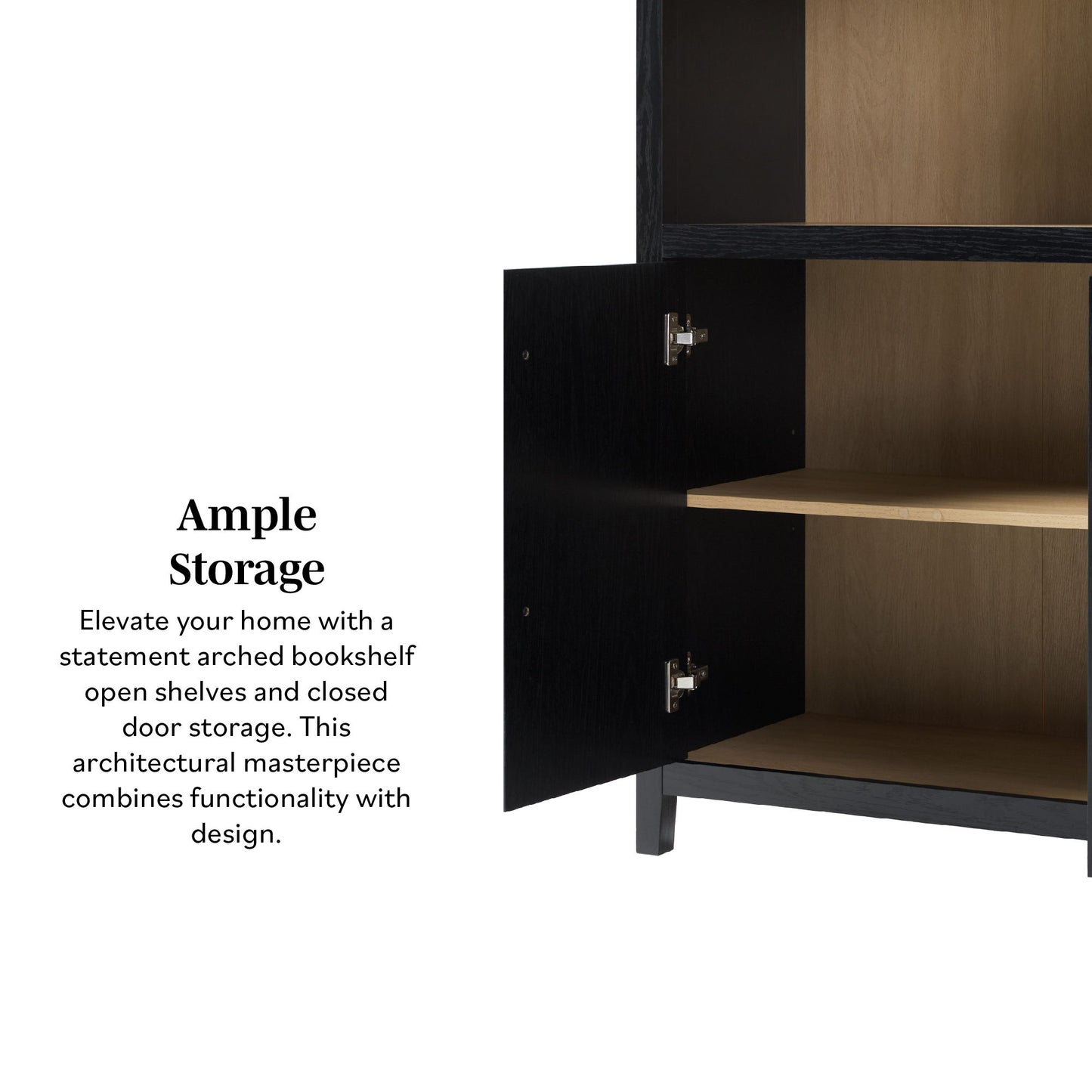 Modern 3 Shelf Open Arched Bookcase Cabinet - Black
