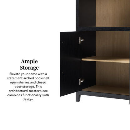 Modern 3 Shelf Open Arched Bookcase Cabinet - Black