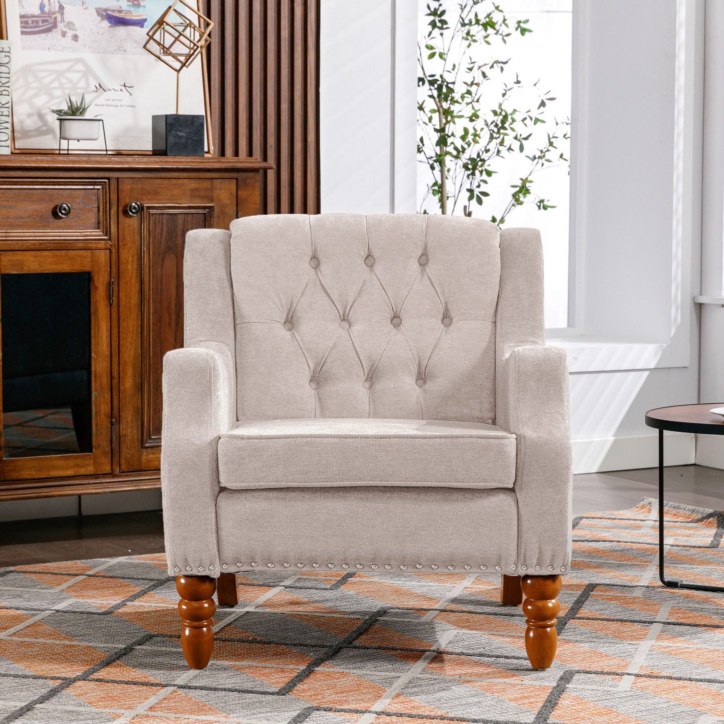 Accent Chair, Living Room Chair, Footrest Chair Set With Vintage Brass Studs, Button Tufted Upholstered Armchair For Living Room, Comfy Reading Chair For Bedroom, Reception Room - Beige