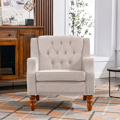 Accent Chair, Living Room Chair, Footrest Chair Set With Vintage Brass Studs, Button Tufted Upholstered Armchair For Living Room, Comfy Reading Chair For Bedroom, Reception Room - Beige
