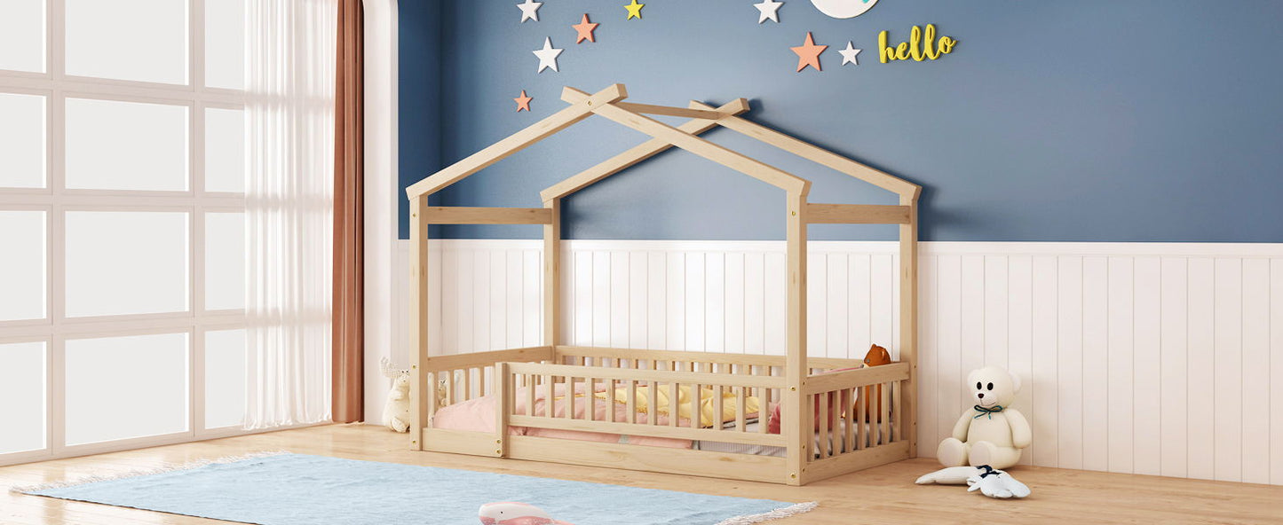 Twin Size Bed House Bed Frame With Fence - Natural