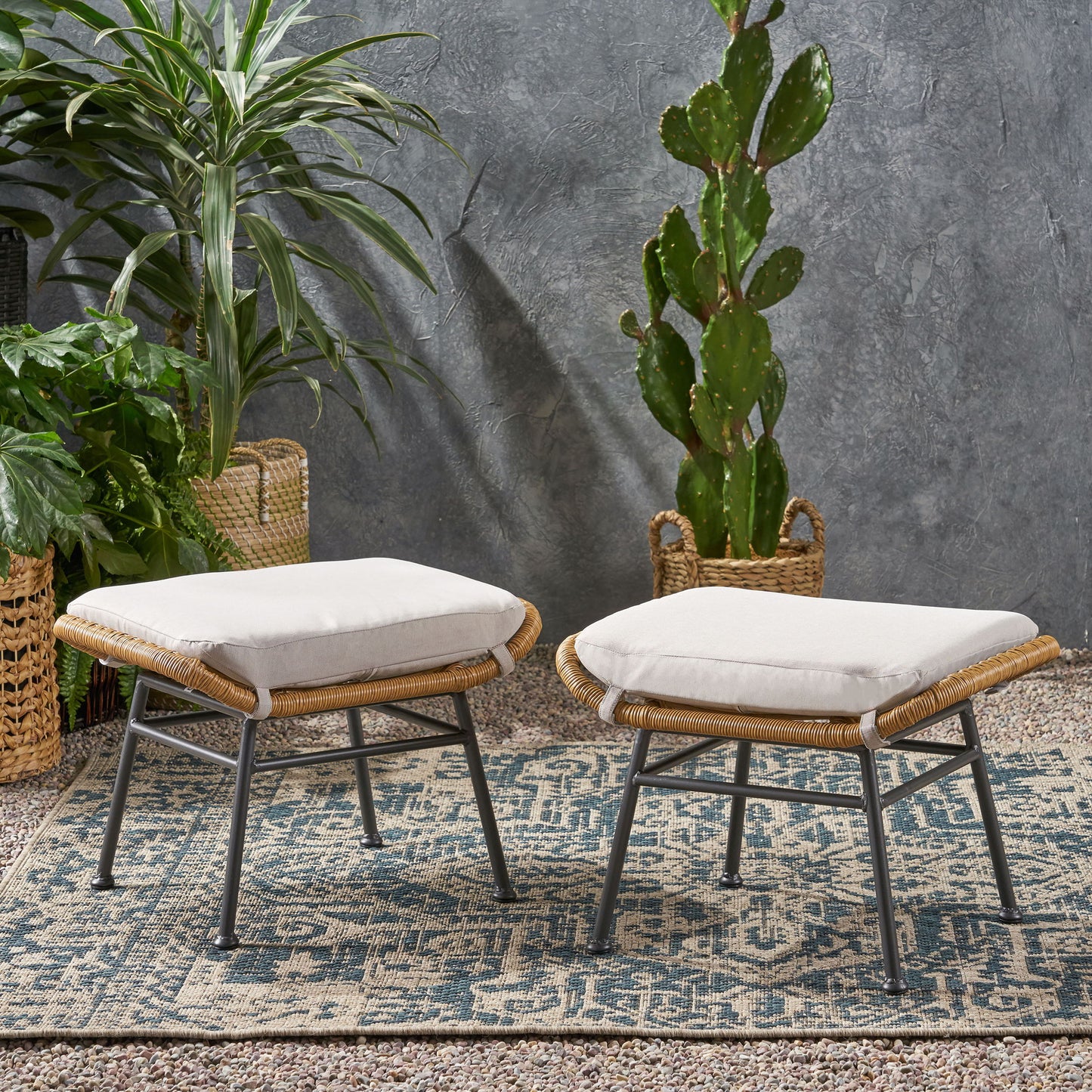 Outdoor Modern Boho Wicker Ottoman With Cushions (Set of 2) - Beige / Brown