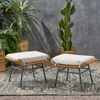 Outdoor Modern Boho Wicker Ottoman With Cushions (Set of 2) - Beige / Brown