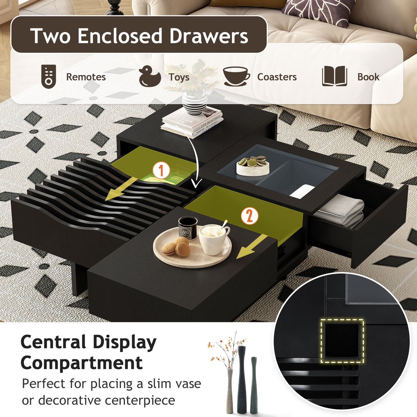 Mid Century Modern Coffee Table, Unique Square Wooden Coffee Table With 3 Drawers, Tempered Glass And Solid Wood Legs For Living Room - Black