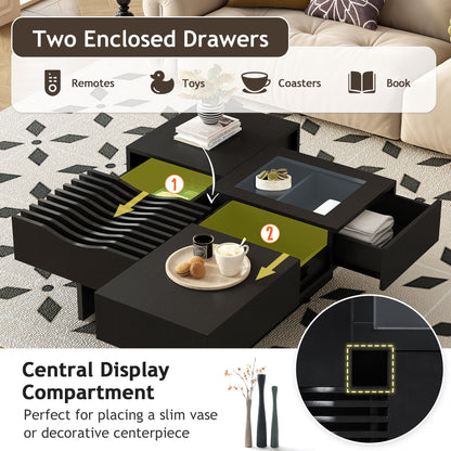Mid Century Modern Coffee Table, Unique Square Wooden Coffee Table With 3 Drawers, Tempered Glass And Solid Wood Legs For Living Room - Black