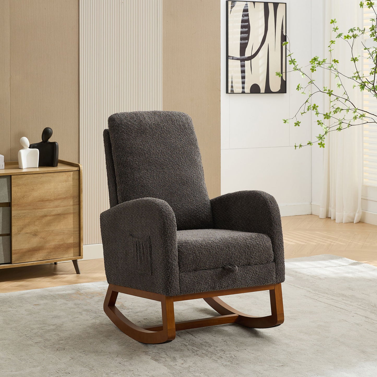Rocking Chair For Nursery, High Back Glider Chair With Retractable Footrest, Side Pocket, Rocking Accent Armchair With Rubber Wood Legs For Living Room / Bedroom - Charcoal