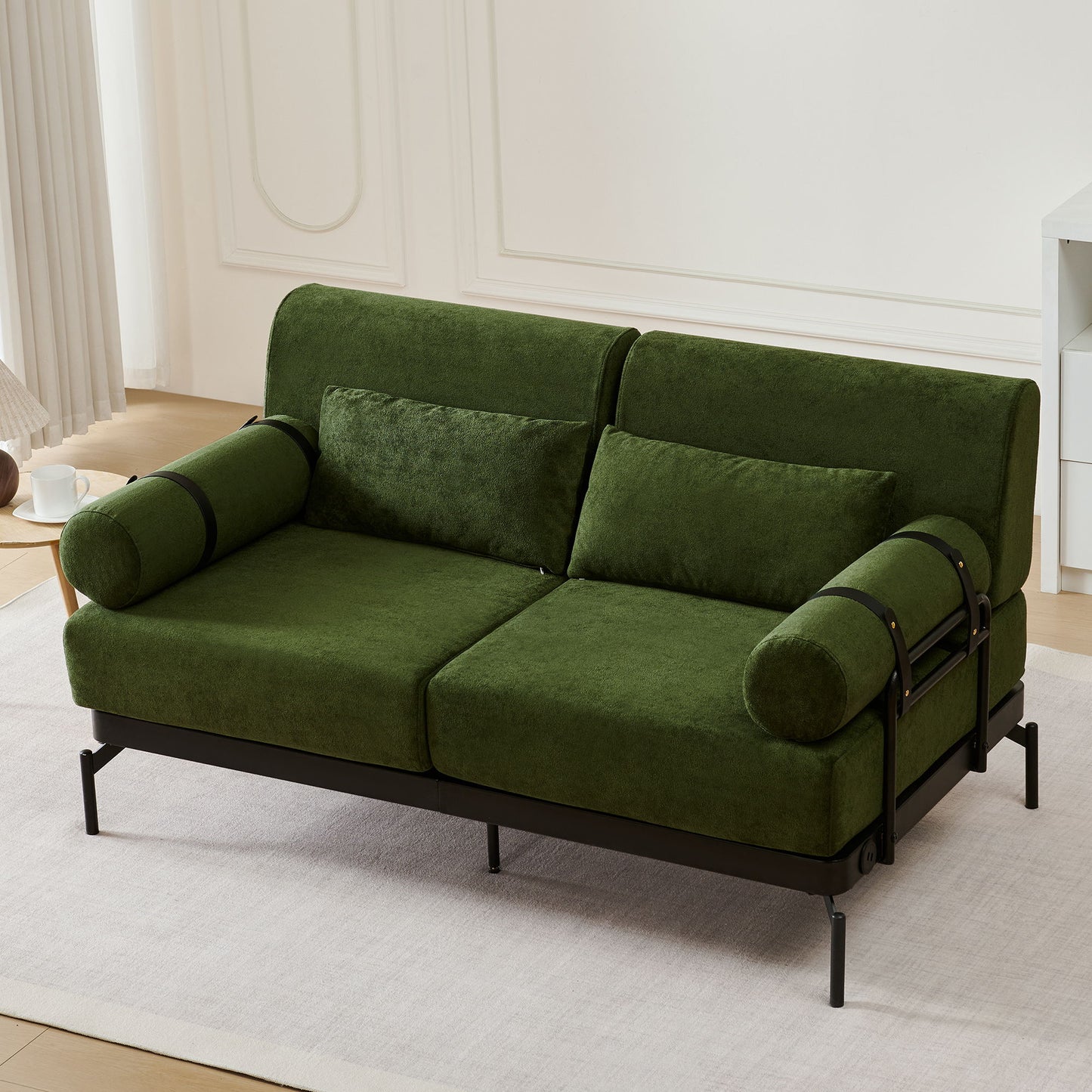 Modern Loveseat Sofa 2 Seater With USB Ports, Cylindrical Armrests - Green