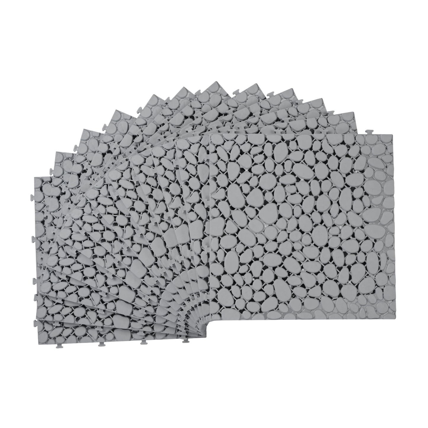 Interlocking Deck Tiles Plastic Waterproof Outdoor All Weather Anti-Slip Bathroom Shower Balcony Porch Strong Weight Capacity Upto 440 Lbs, Pebble Stone Pattern Pack Of 12 - Gray
