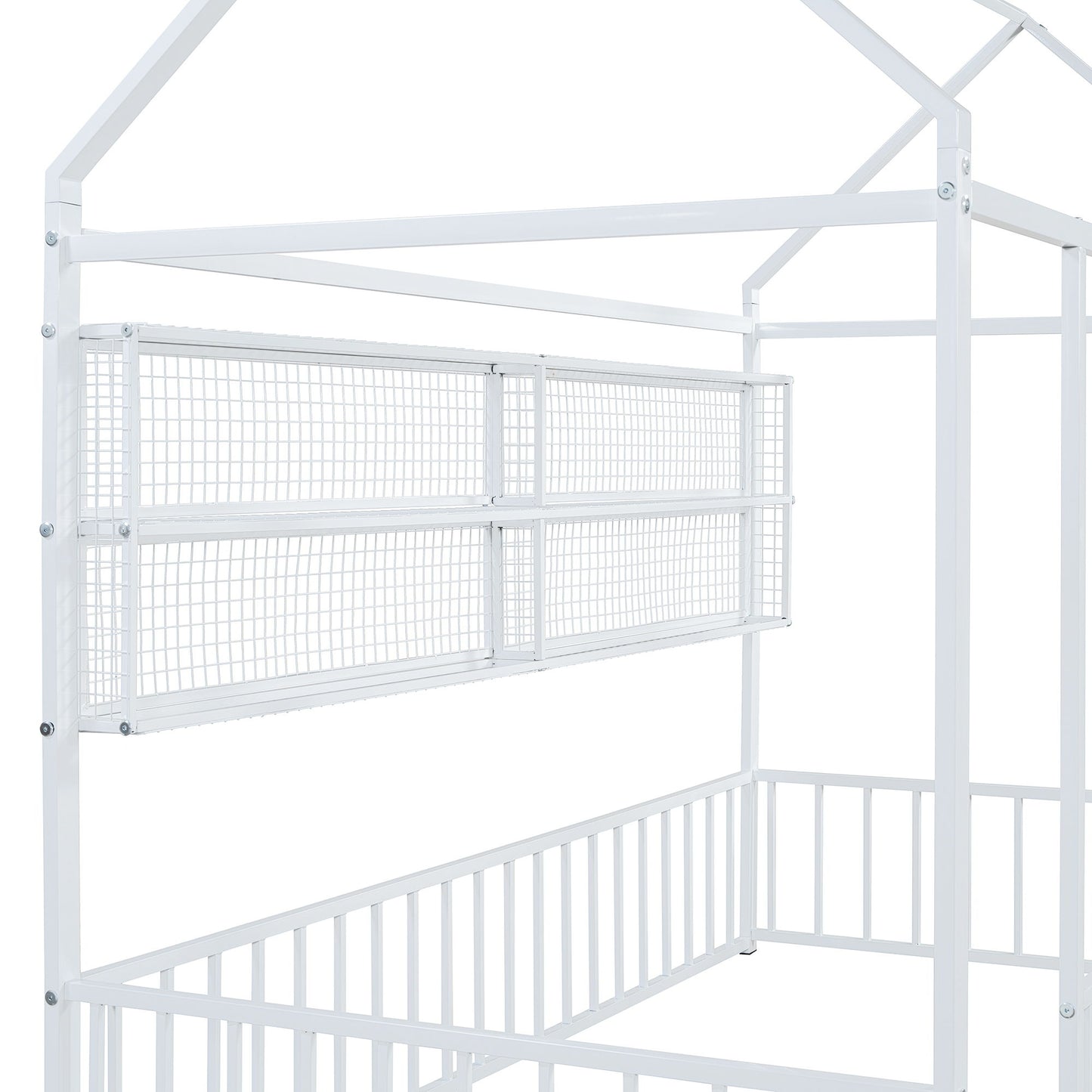 Twin Size Bed House Frame With Fence And Shelves - White