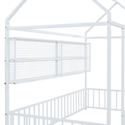 Twin Size Bed House Frame With Fence And Shelves - White