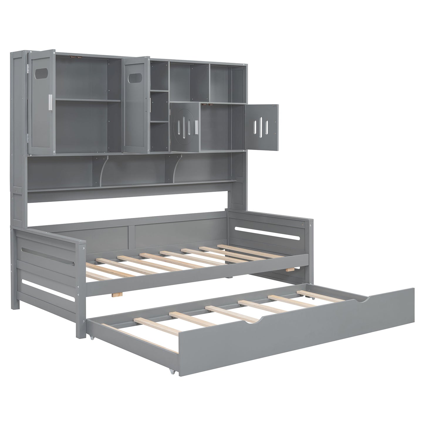Twin Size Daybed With Twin Size Trundle, And All In One Cabinet And Shelf - Gray